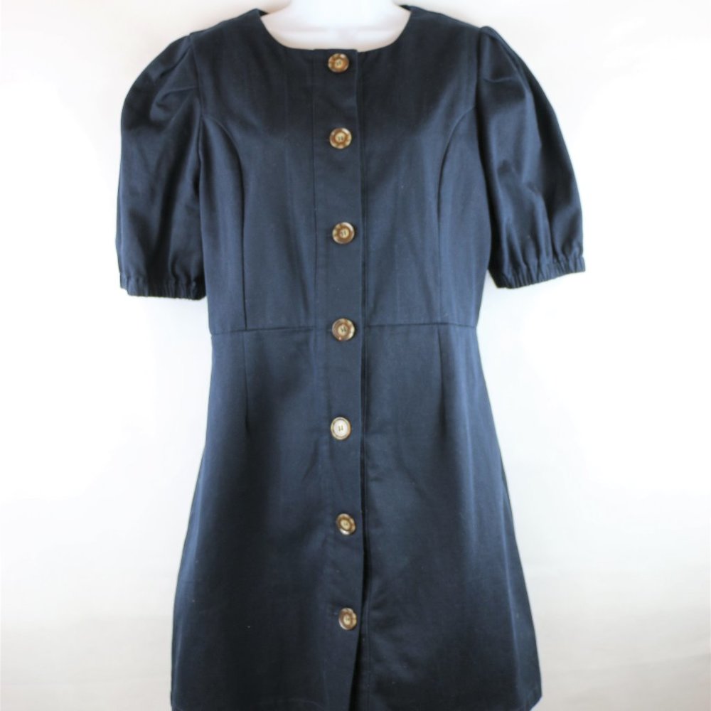 Button Front Puff Sleeves Blue Navy Dress
